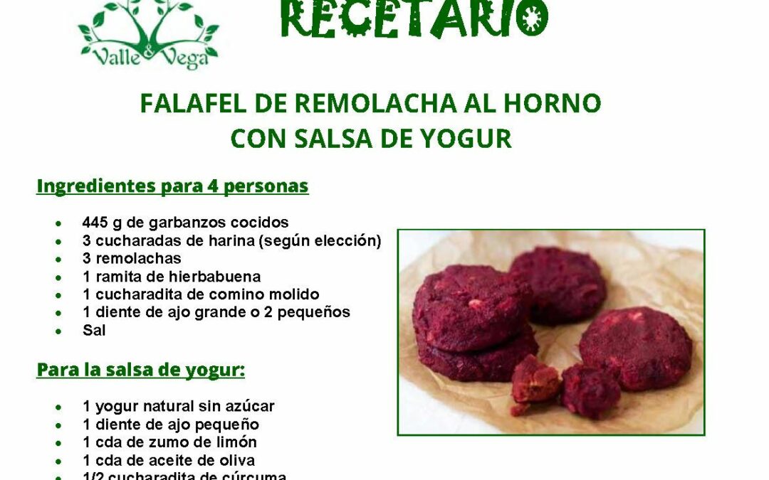 Recetario Valle y Vega. Falafel de remolacha ecológica al horno con salsa de yogur 🍽