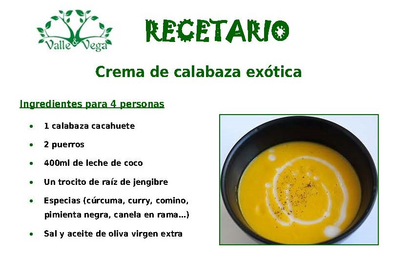 Recetario Valle y Vega. Crema de calabaza exótica ecológica 🥄