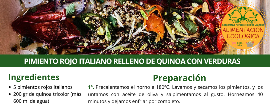 Recetario Valle y Vega. Pimiento rojo italiano relleno de quinoa tricolor con verduras