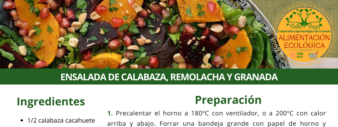 Recetario Valle y Vega. Ensalada de calabaza, remolacha y granada 💚