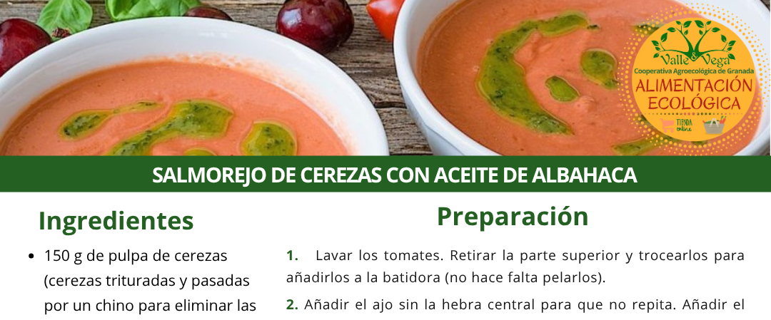 Recetario Valle y Vega. Salmorejo de cerezas con aceite de albahaca 🍅🍒